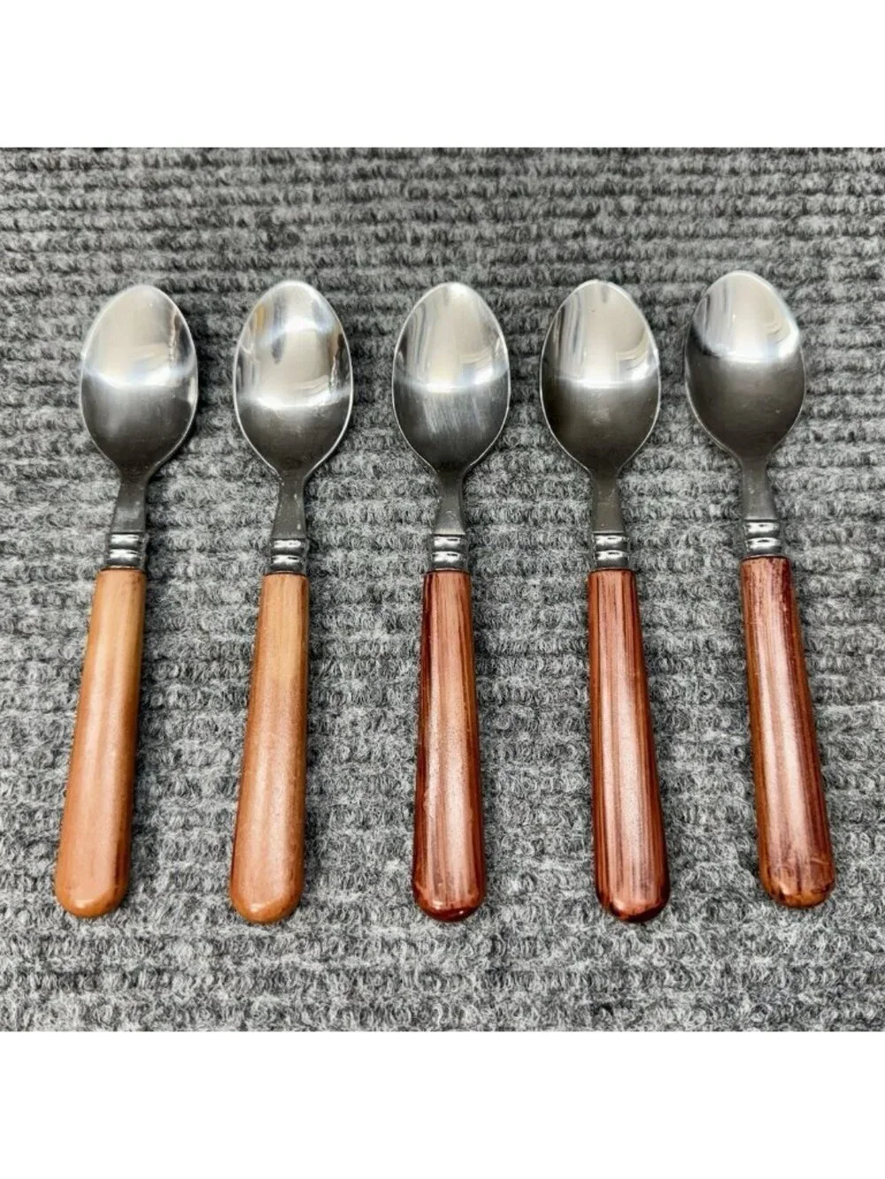 Faberware Silverware Lot Of 5 Spoons Teaspoon Faux Wood Brown Handle Vintage